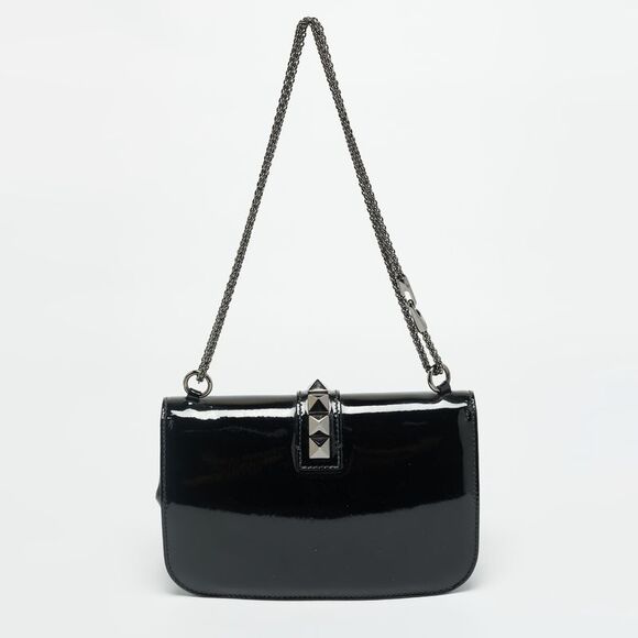 Valentino Rockstud Glam Lock Medium Black Patent Leather Flap Bag - Picture 4 of 7
